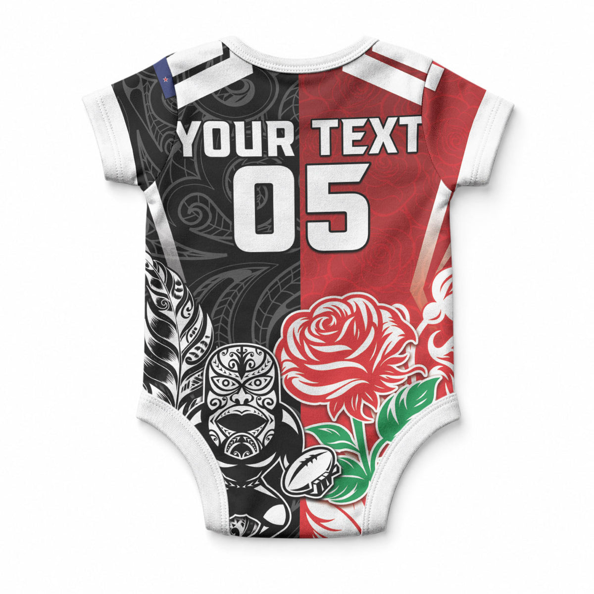 New Zealand And England Rugby Custom Baby Onesie Maori Tiki With Red Rose Together