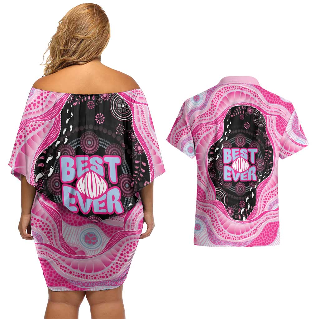 Australia Mother's Day Couples Matching Off Shoulder Short Dress and Hawaiian Shirt Best Mum Ever Pink Version