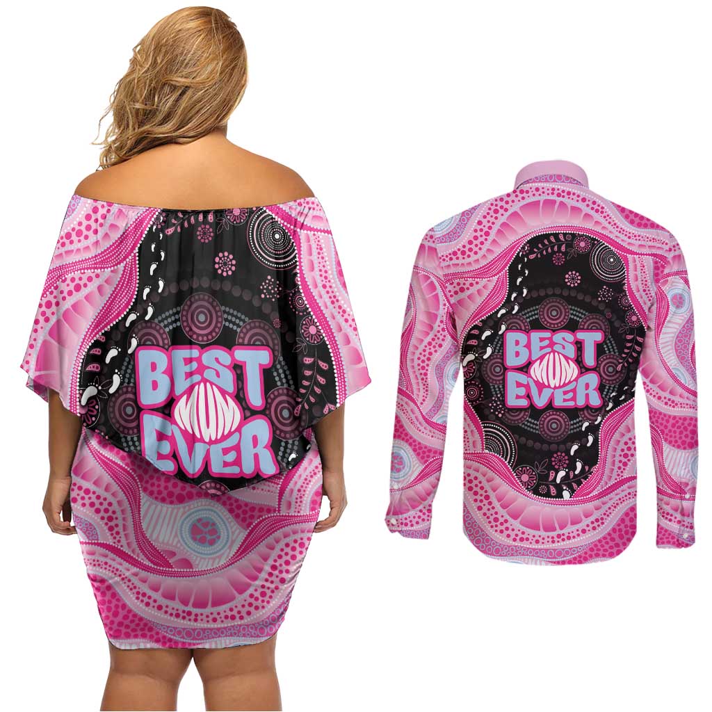 Australia Mother's Day Couples Matching Off Shoulder Short Dress and Long Sleeve Button Shirt Best Mum Ever Pink Version