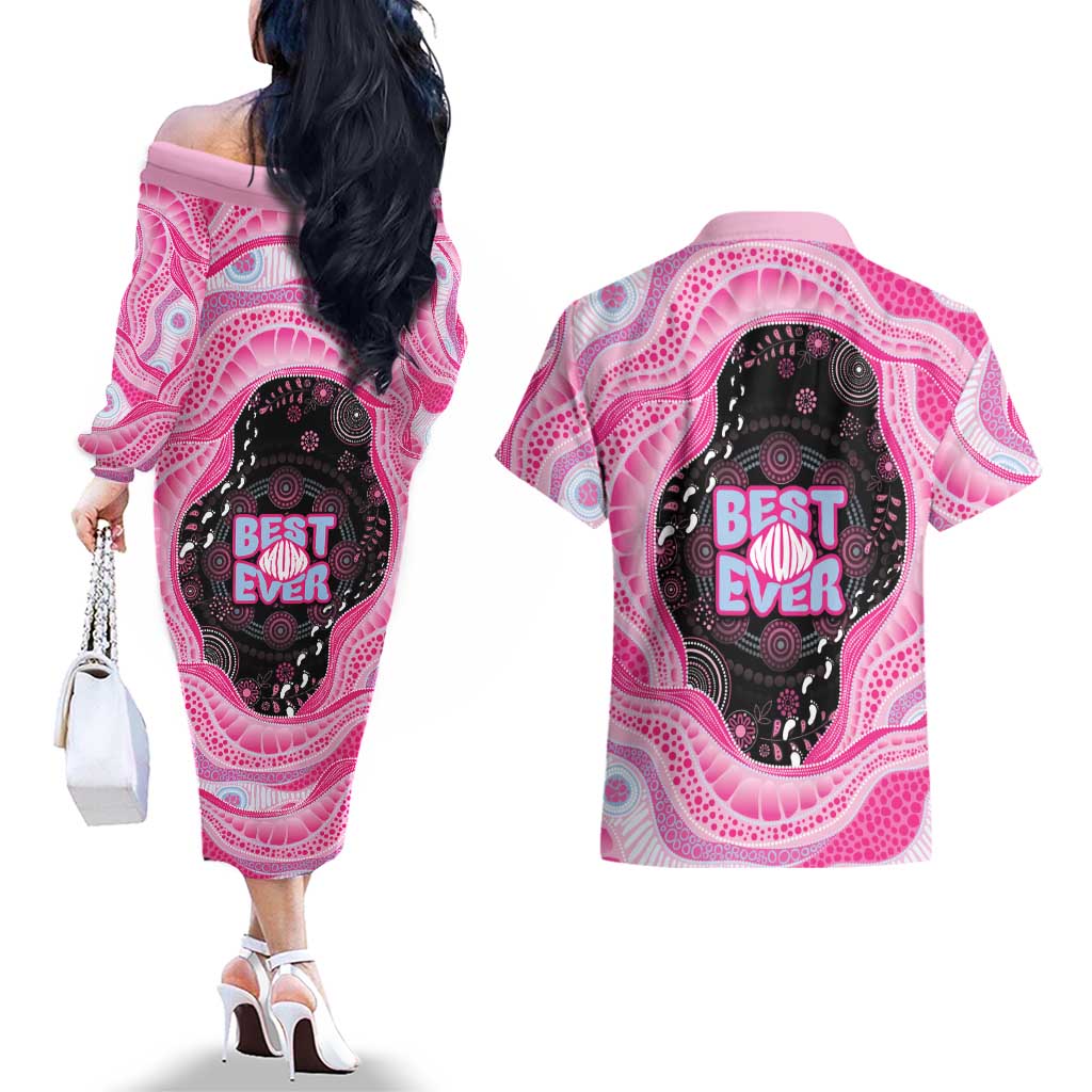Australia Mother's Day Couples Matching Off The Shoulder Long Sleeve Dress and Hawaiian Shirt Best Mum Ever Pink Version