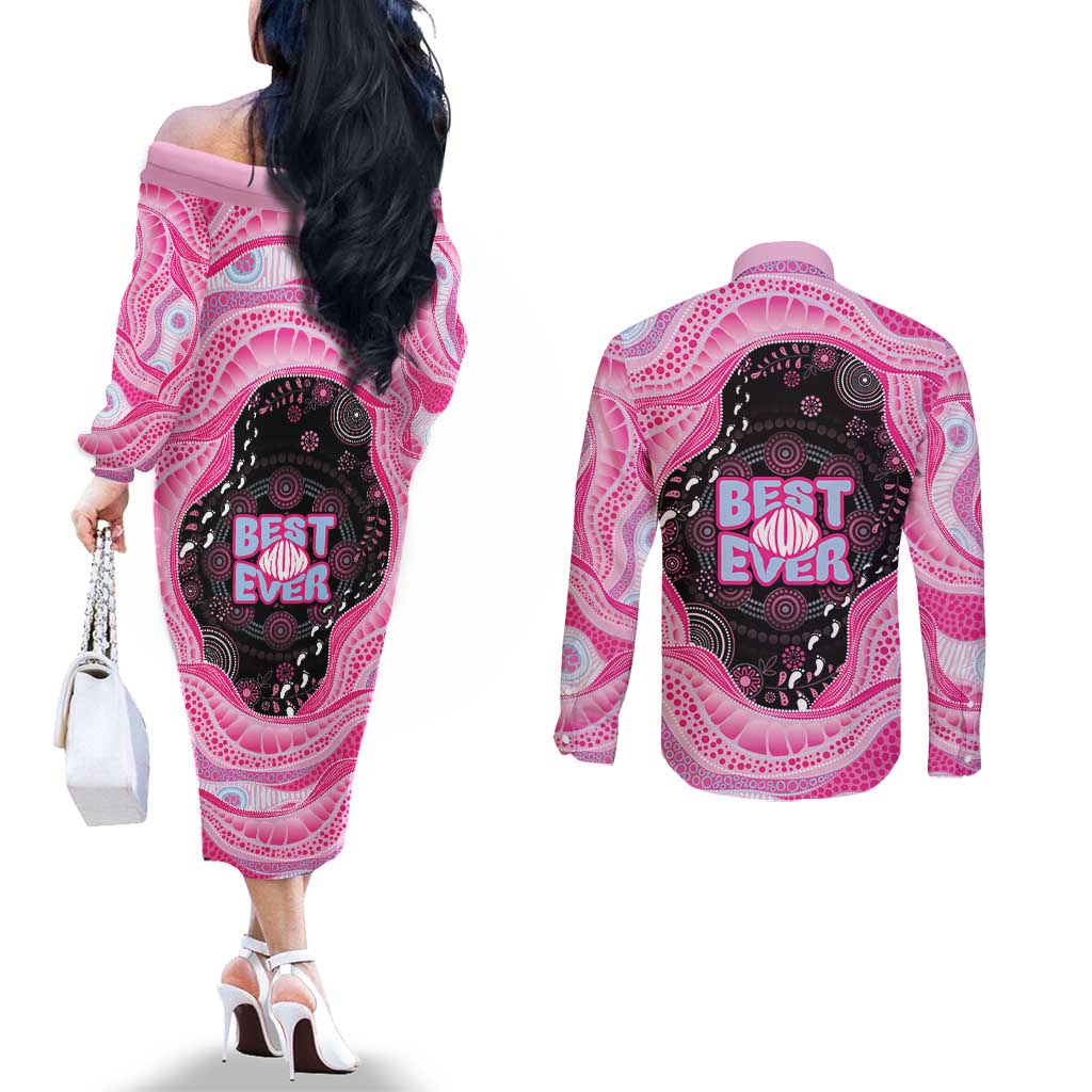 Australia Mother's Day Couples Matching Off The Shoulder Long Sleeve Dress and Long Sleeve Button Shirt Best Mum Ever Pink Version