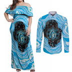 Australia Mother's Day Couples Matching Off Shoulder Maxi Dress and Long Sleeve Button Shirt Best Mum Ever Blue Version