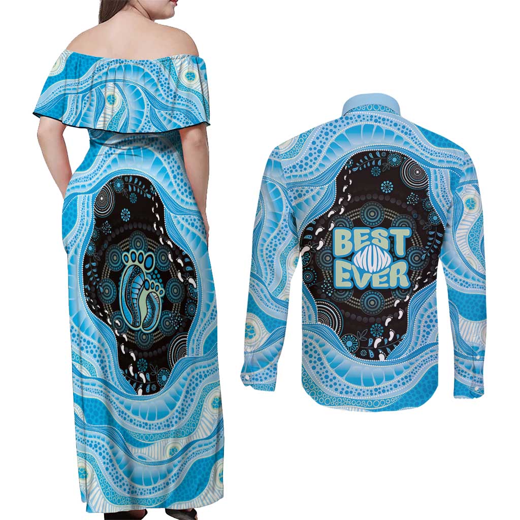 Australia Mother's Day Couples Matching Off Shoulder Maxi Dress and Long Sleeve Button Shirt Best Mum Ever Blue Version