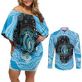 Australia Mother's Day Couples Matching Off Shoulder Short Dress and Long Sleeve Button Shirt Best Mum Ever Blue Version