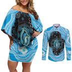 Australia Mother's Day Couples Matching Off Shoulder Short Dress and Long Sleeve Button Shirt Best Mum Ever Blue Version