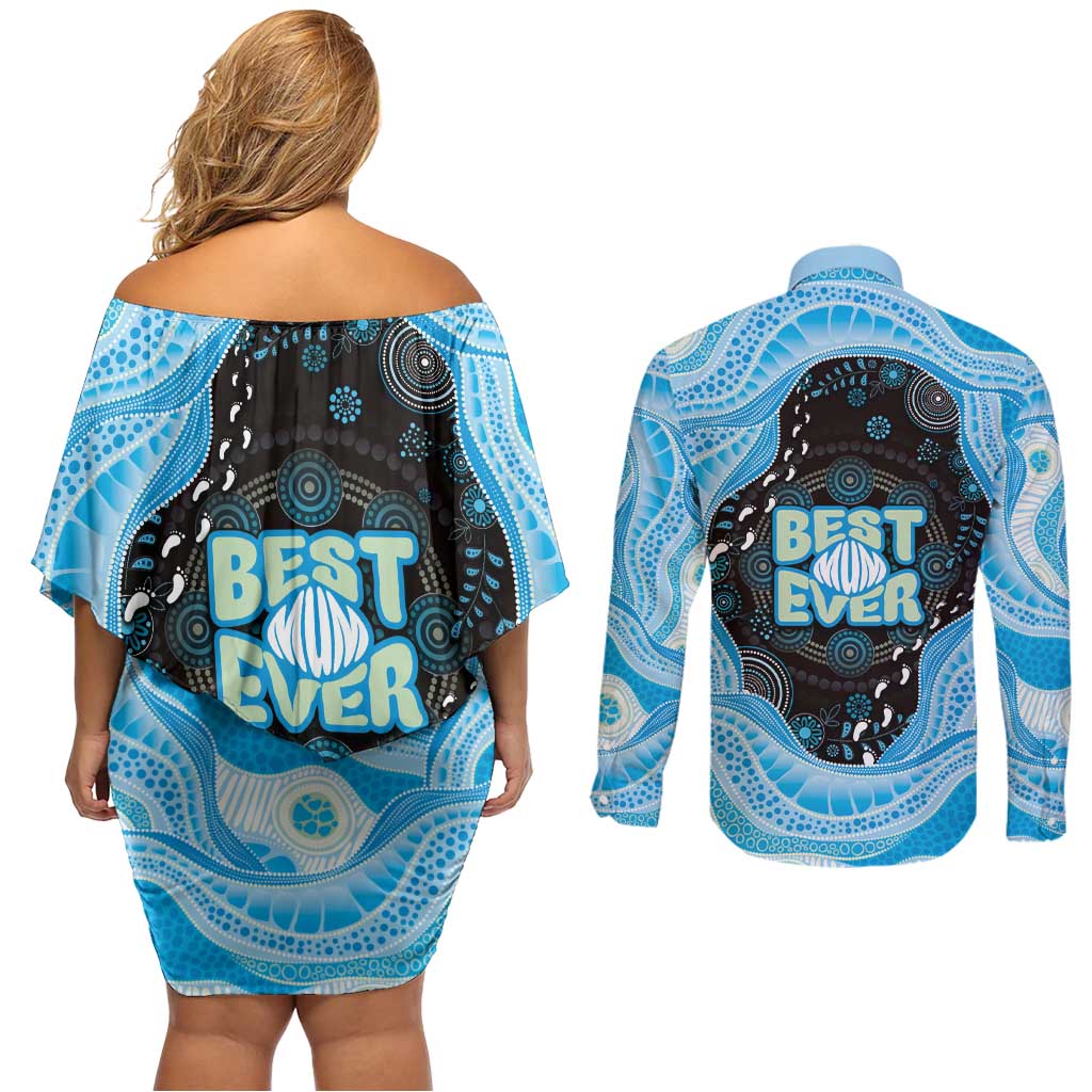 Australia Mother's Day Couples Matching Off Shoulder Short Dress and Long Sleeve Button Shirt Best Mum Ever Blue Version