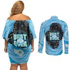 Australia Mother's Day Couples Matching Off Shoulder Short Dress and Long Sleeve Button Shirt Best Mum Ever Blue Version