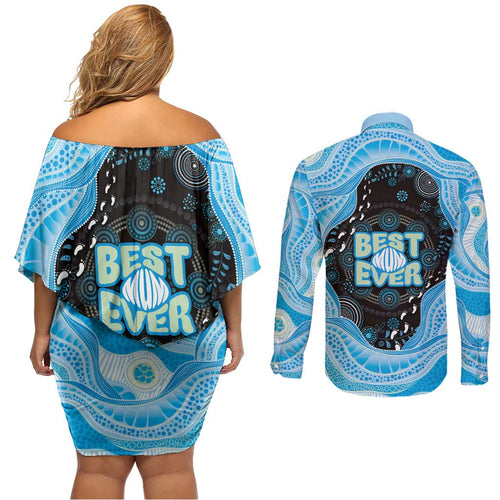 Australia Mother's Day Couples Matching Off Shoulder Short Dress and Long Sleeve Button Shirt Best Mum Ever Blue Version