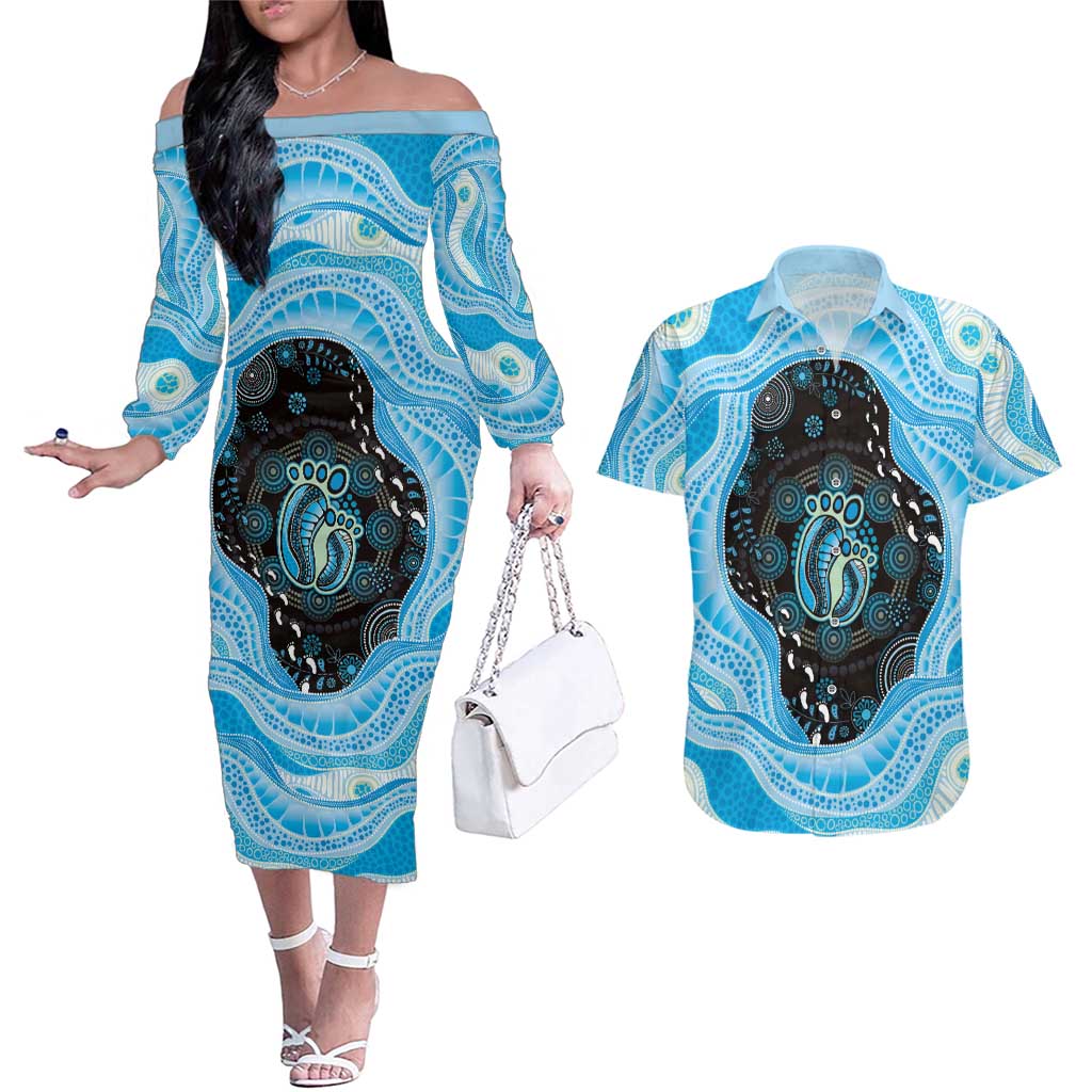 Australia Mother's Day Couples Matching Off The Shoulder Long Sleeve Dress and Hawaiian Shirt Best Mum Ever Blue Version