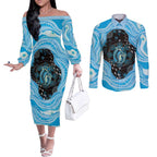 Australia Mother's Day Couples Matching Off The Shoulder Long Sleeve Dress and Long Sleeve Button Shirt Best Mum Ever Blue Version