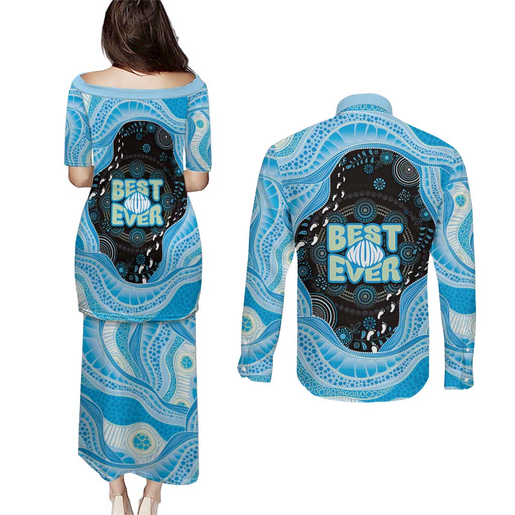 Australia Mother's Day Couples Matching Puletasi and Long Sleeve Button Shirt Best Mum Ever Blue Version
