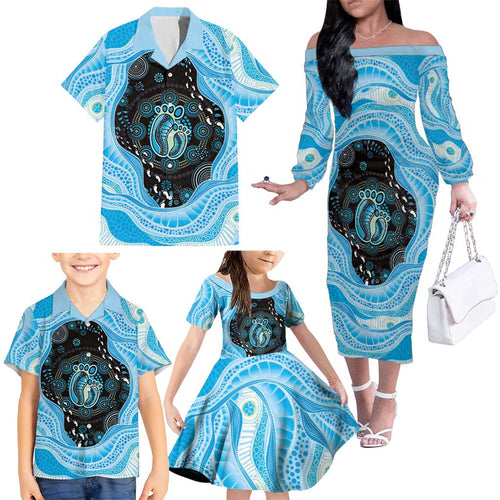 Australia Mother's Day Family Matching Off The Shoulder Long Sleeve Dress and Hawaiian Shirt Best Mum Ever Blue Version