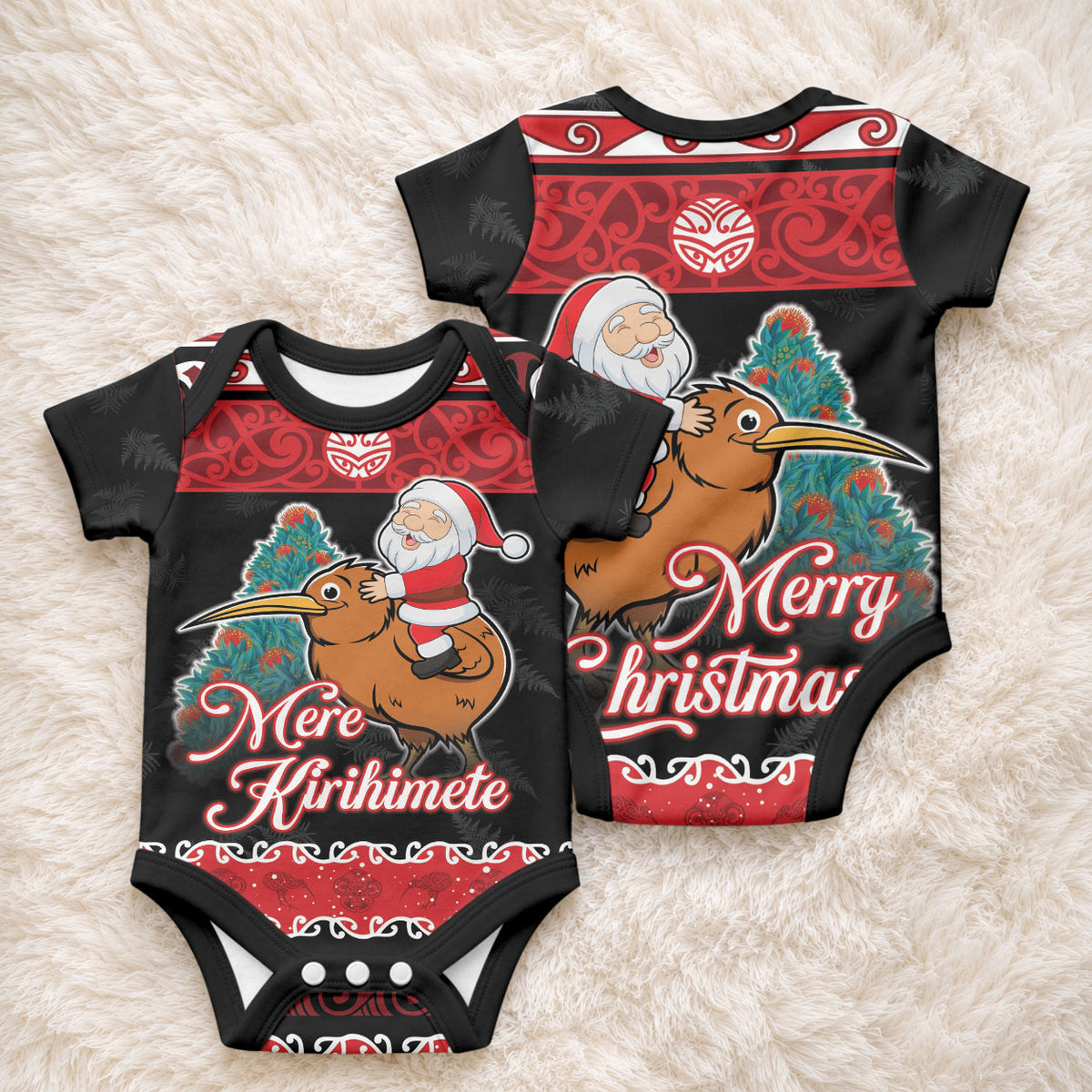 New Zealand Christmas Baby Onesie Funny Santa Riding Kiwi Meri Kirihimete