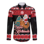 New Zealand Christmas Long Sleeve Button Shirt Funny Santa Riding Kiwi Meri Kirihimete