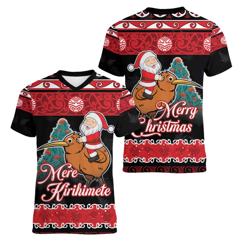New Zealand Christmas Women V-Neck T-Shirt Funny Santa Riding Kiwi Meri Kirihimete