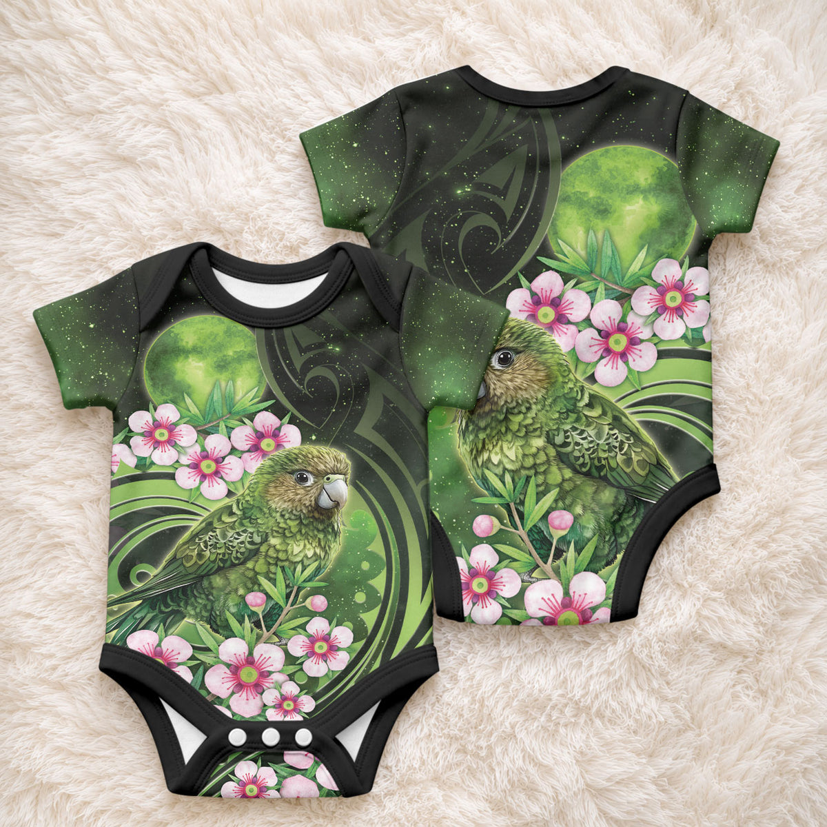 New Zealand Aotearoa Kakapo Baby Onesie Maori Pattern With Manuka Galaxy Style