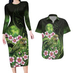 New Zealand Aotearoa Kakapo Couples Matching Long Sleeve Bodycon Dress and Hawaiian Shirt Maori Pattern With Manuka Galaxy Style - Aussie Hoodie