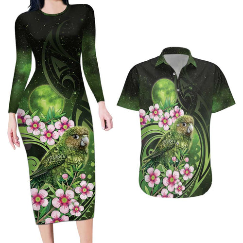 New Zealand Aotearoa Kakapo Couples Matching Long Sleeve Bodycon Dress and Hawaiian Shirt Maori Pattern With Manuka Galaxy Style - Aussie Hoodie