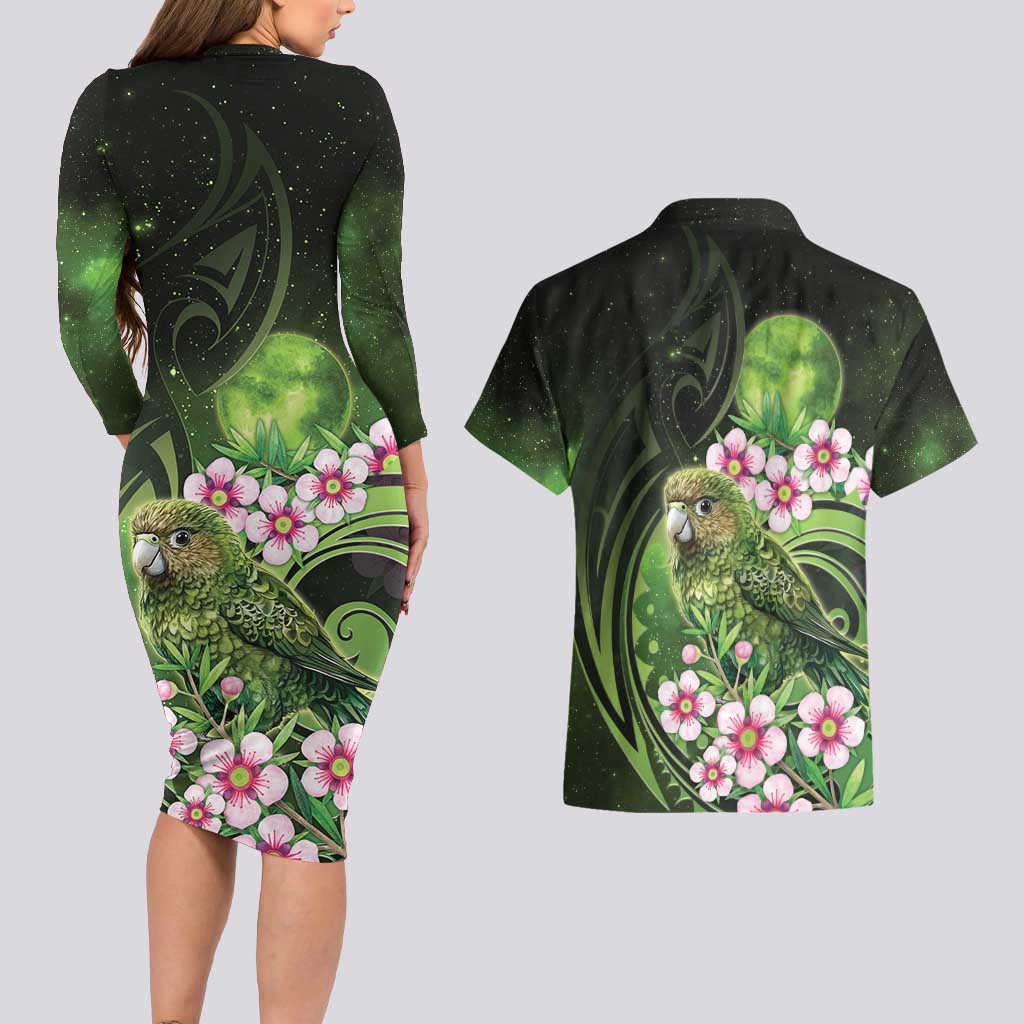 New Zealand Aotearoa Kakapo Couples Matching Long Sleeve Bodycon Dress and Hawaiian Shirt Maori Pattern With Manuka Galaxy Style - Aussie Hoodie