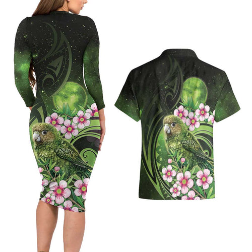 New Zealand Aotearoa Kakapo Couples Matching Long Sleeve Bodycon Dress and Hawaiian Shirt Maori Pattern With Manuka Galaxy Style - Aussie Hoodie