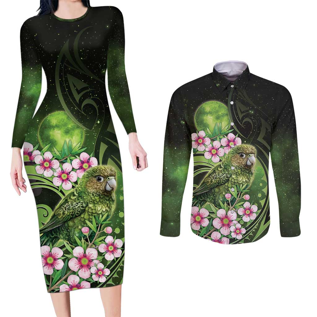 New Zealand Aotearoa Kakapo Couples Matching Long Sleeve Bodycon Dress and Long Sleeve Button Shirt Maori Pattern With Manuka Galaxy Style - Aussie Hoodie