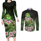 New Zealand Aotearoa Kakapo Couples Matching Long Sleeve Bodycon Dress and Long Sleeve Button Shirt Maori Pattern With Manuka Galaxy Style - Aussie Hoodie