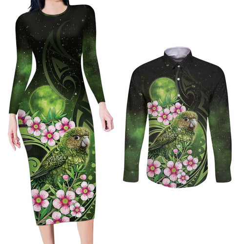 New Zealand Aotearoa Kakapo Couples Matching Long Sleeve Bodycon Dress and Long Sleeve Button Shirt Maori Pattern With Manuka Galaxy Style - Aussie Hoodie