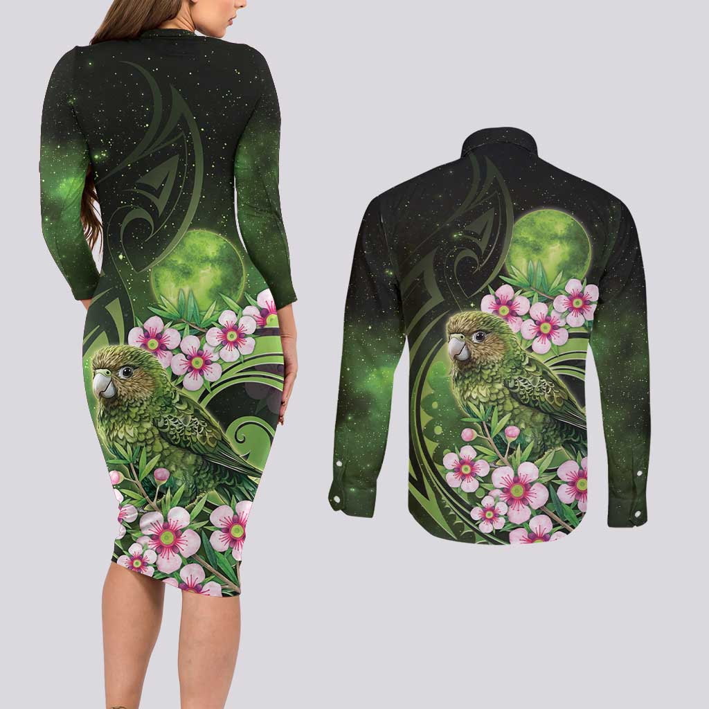 New Zealand Aotearoa Kakapo Couples Matching Long Sleeve Bodycon Dress and Long Sleeve Button Shirt Maori Pattern With Manuka Galaxy Style - Aussie Hoodie