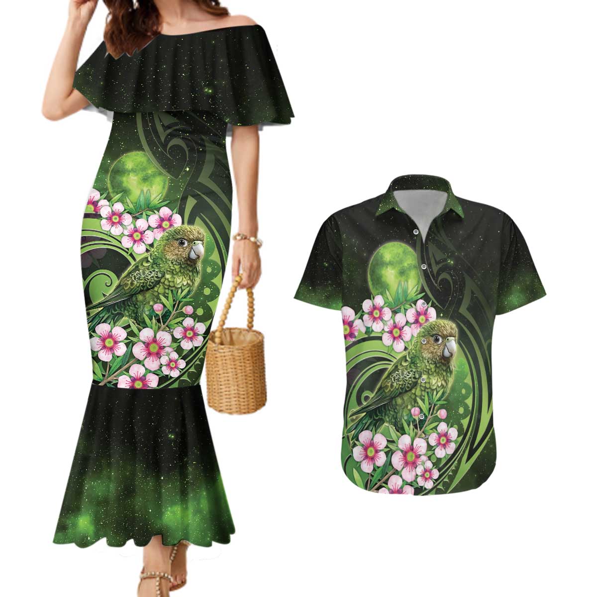 New Zealand Aotearoa Kakapo Couples Matching Mermaid Dress and Hawaiian Shirt Maori Pattern With Manuka Galaxy Style - Aussie Hoodie