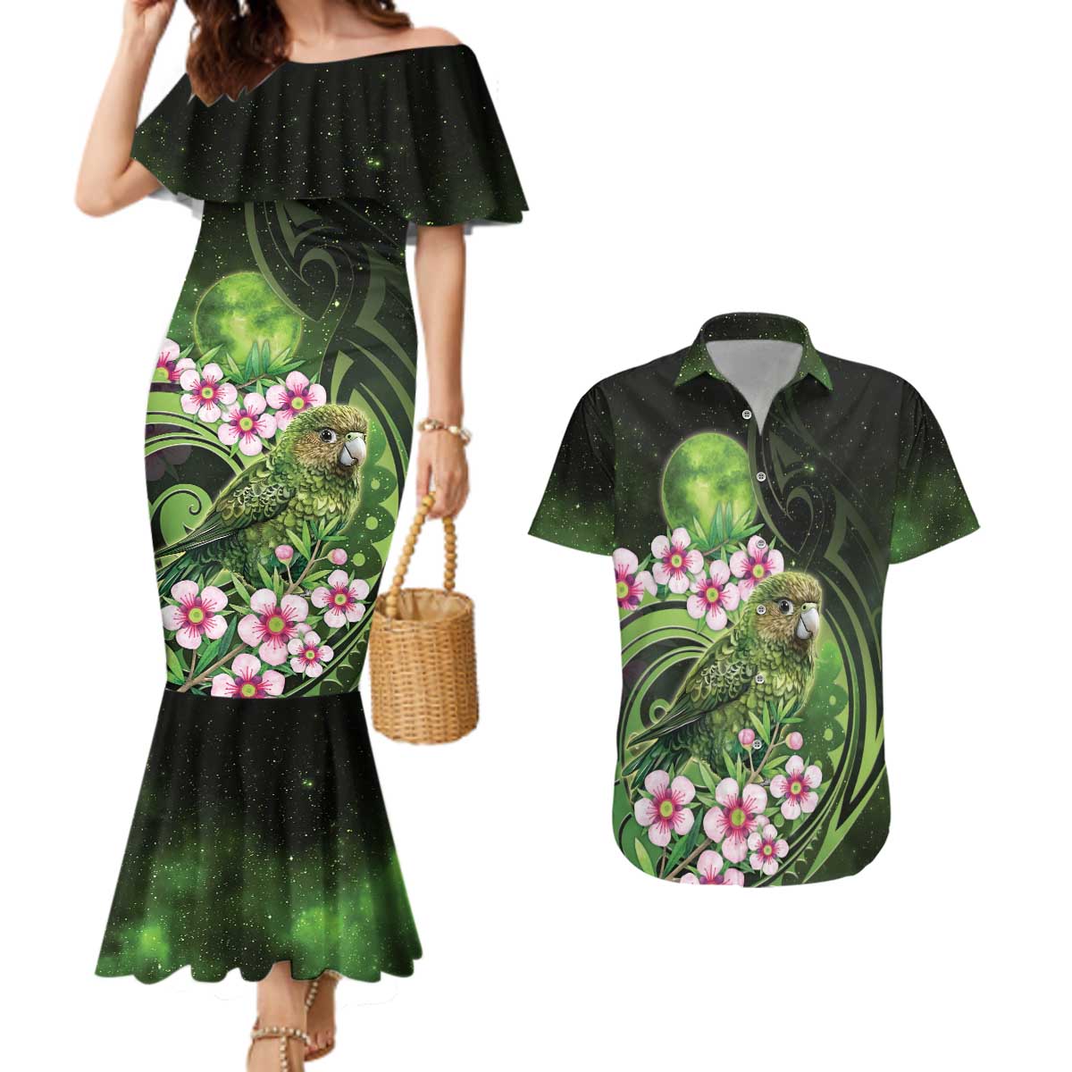 New Zealand Aotearoa Kakapo Couples Matching Mermaid Dress and Hawaiian Shirt Maori Pattern With Manuka Galaxy Style - Aussie Hoodie