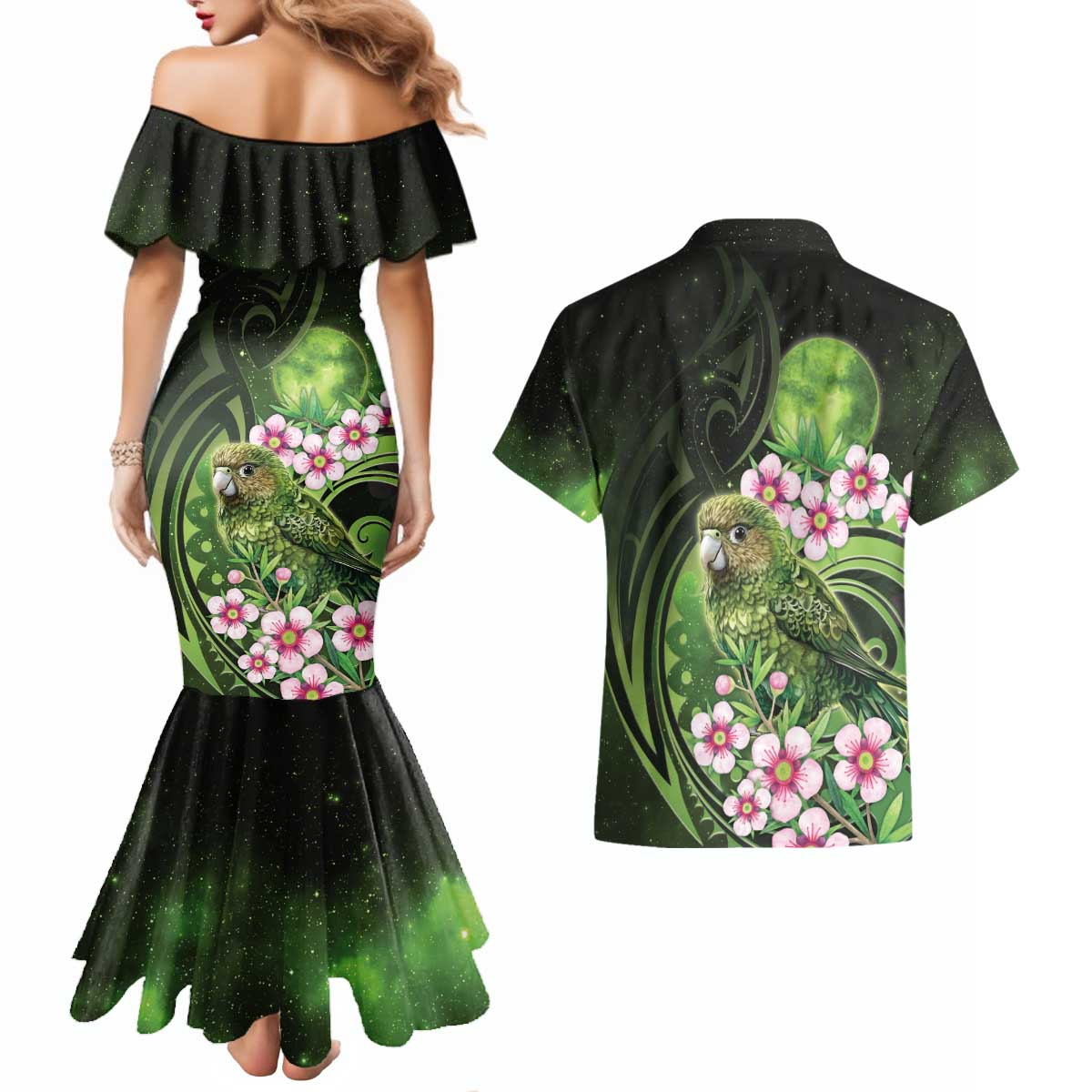 New Zealand Aotearoa Kakapo Couples Matching Mermaid Dress and Hawaiian Shirt Maori Pattern With Manuka Galaxy Style - Aussie Hoodie