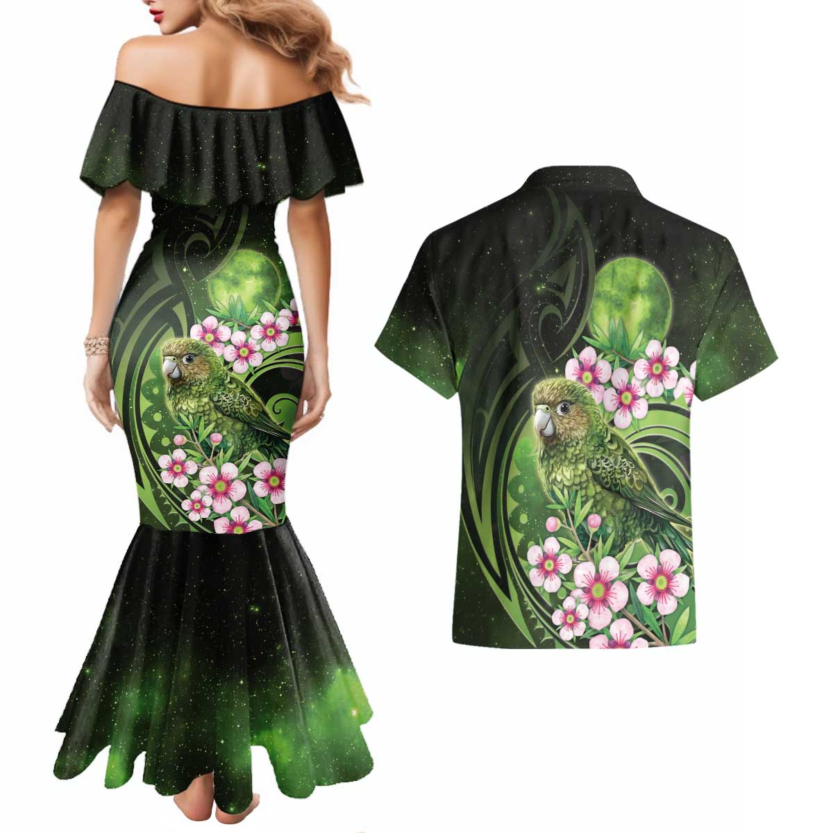 New Zealand Aotearoa Kakapo Couples Matching Mermaid Dress and Hawaiian Shirt Maori Pattern With Manuka Galaxy Style - Aussie Hoodie
