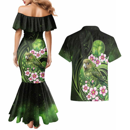 New Zealand Aotearoa Kakapo Couples Matching Mermaid Dress and Hawaiian Shirt Maori Pattern With Manuka Galaxy Style - Aussie Hoodie
