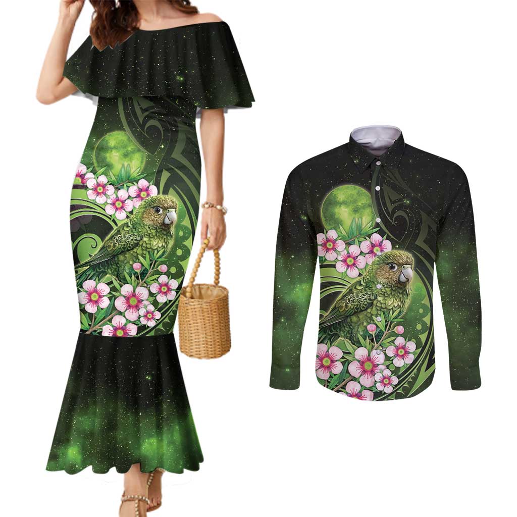 New Zealand Aotearoa Kakapo Couples Matching Mermaid Dress and Long Sleeve Button Shirt Maori Pattern With Manuka Galaxy Style - Aussie Hoodie