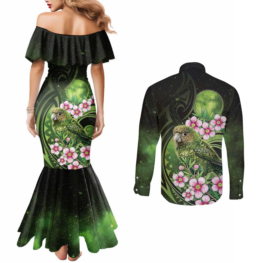 New Zealand Aotearoa Kakapo Couples Matching Mermaid Dress and Long Sleeve Button Shirt Maori Pattern With Manuka Galaxy Style - Aussie Hoodie