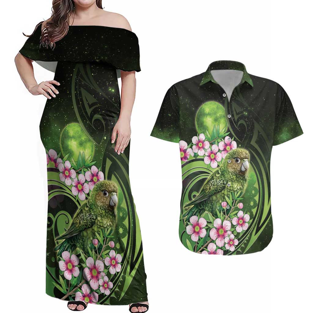 New Zealand Aotearoa Kakapo Couples Matching Off Shoulder Maxi Dress and Hawaiian Shirt Maori Pattern With Manuka Galaxy Style - Aussie Hoodie