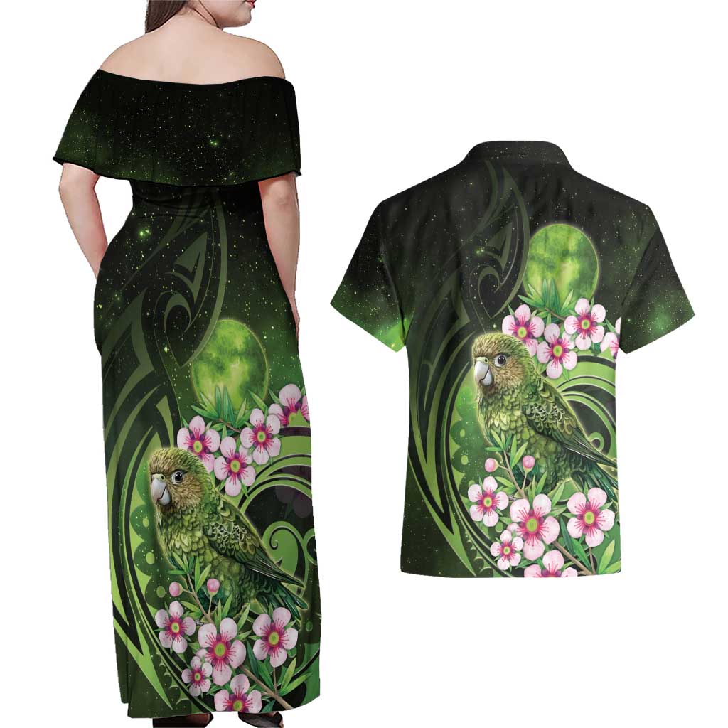 New Zealand Aotearoa Kakapo Couples Matching Off Shoulder Maxi Dress and Hawaiian Shirt Maori Pattern With Manuka Galaxy Style - Aussie Hoodie
