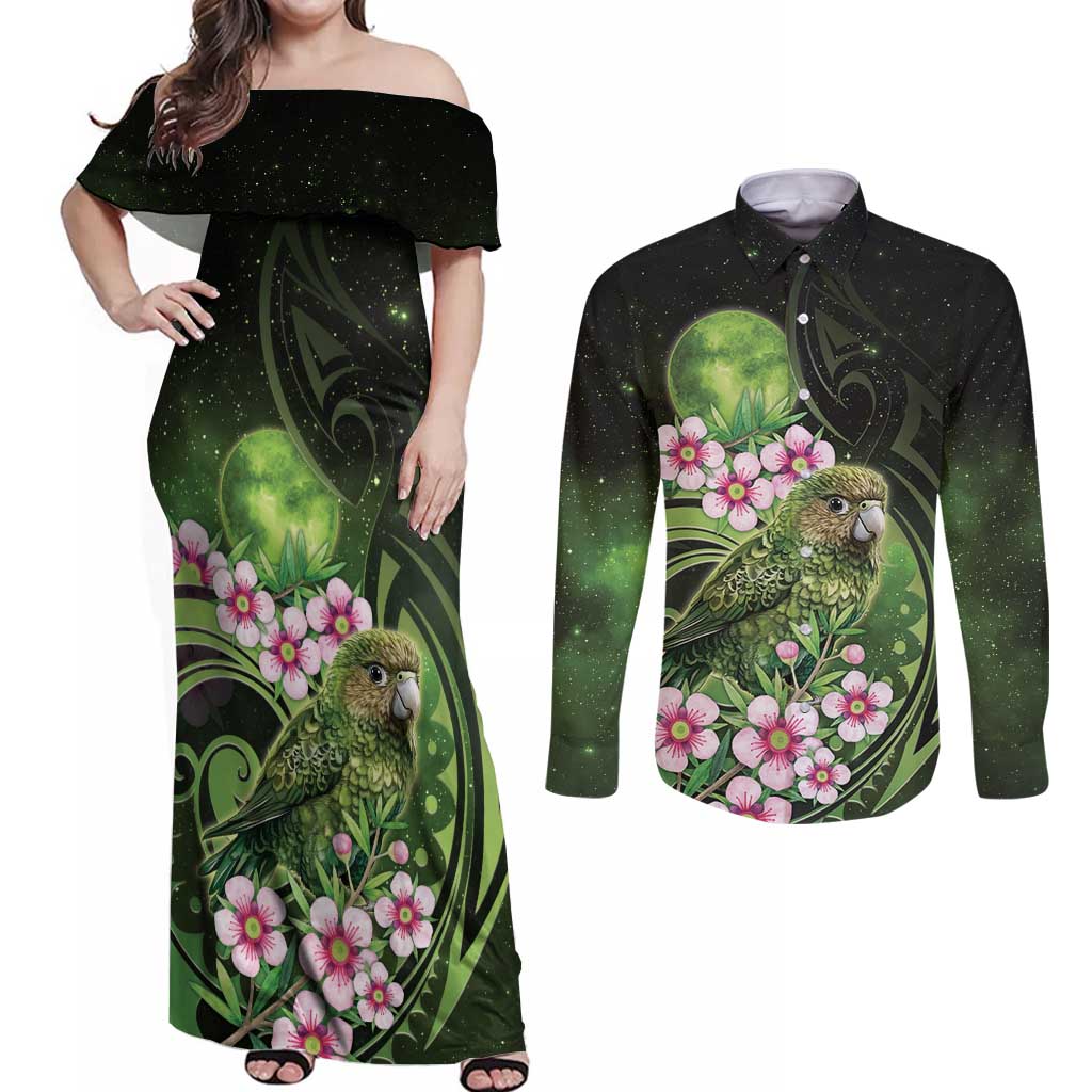 New Zealand Aotearoa Kakapo Couples Matching Off Shoulder Maxi Dress and Long Sleeve Button Shirt Maori Pattern With Manuka Galaxy Style - Aussie Hoodie