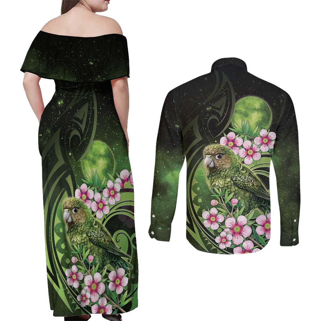 New Zealand Aotearoa Kakapo Couples Matching Off Shoulder Maxi Dress and Long Sleeve Button Shirt Maori Pattern With Manuka Galaxy Style - Aussie Hoodie