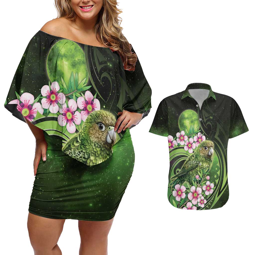 New Zealand Aotearoa Kakapo Couples Matching Off Shoulder Short Dress and Hawaiian Shirt Maori Pattern With Manuka Galaxy Style - Aussie Hoodie