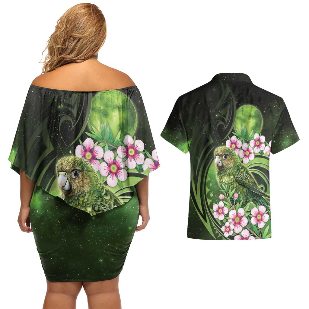 New Zealand Aotearoa Kakapo Couples Matching Off Shoulder Short Dress and Hawaiian Shirt Maori Pattern With Manuka Galaxy Style - Aussie Hoodie