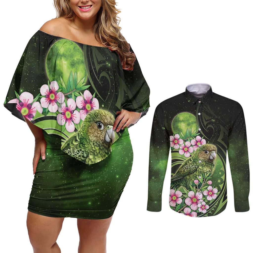 New Zealand Aotearoa Kakapo Couples Matching Off Shoulder Short Dress and Long Sleeve Button Shirt Maori Pattern With Manuka Galaxy Style - Aussie Hoodie