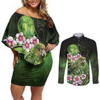 New Zealand Aotearoa Kakapo Couples Matching Off Shoulder Short Dress and Long Sleeve Button Shirt Maori Pattern With Manuka Galaxy Style - Aussie Hoodie