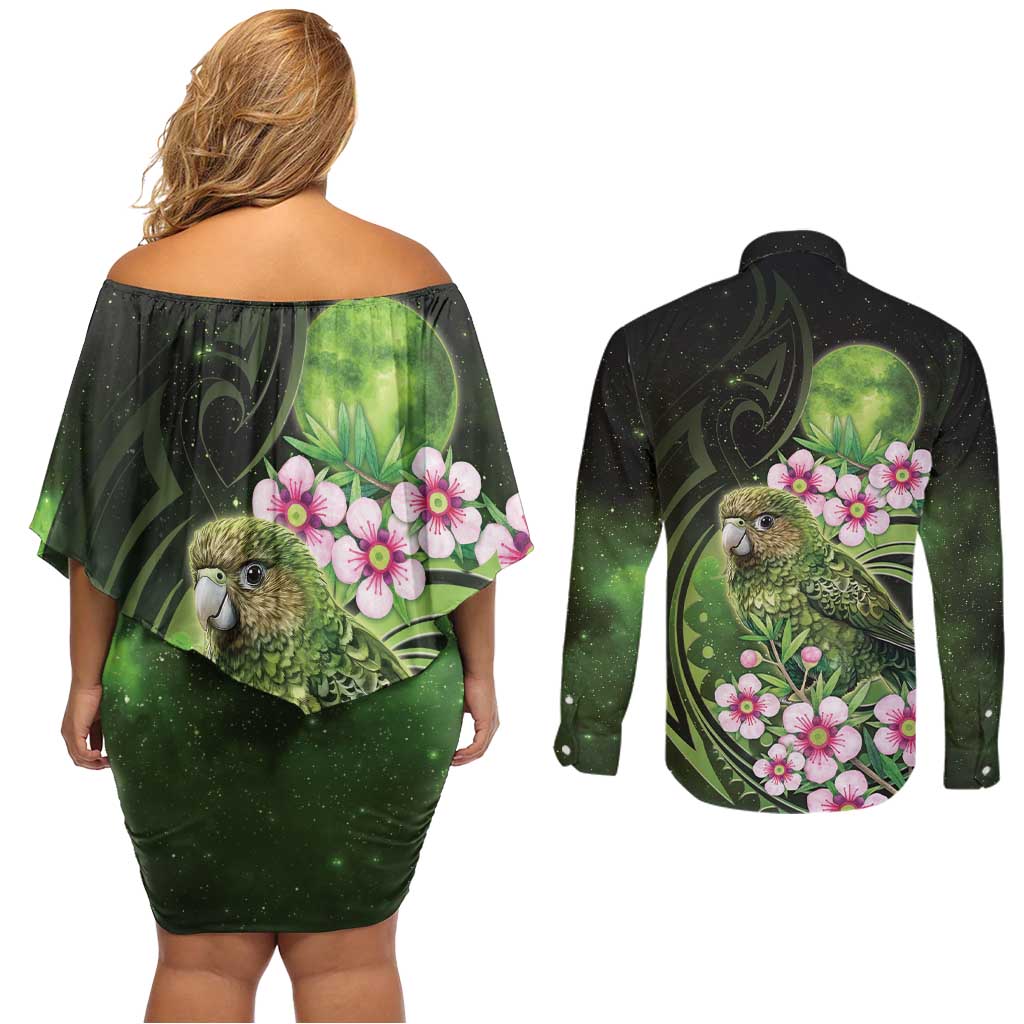 New Zealand Aotearoa Kakapo Couples Matching Off Shoulder Short Dress and Long Sleeve Button Shirt Maori Pattern With Manuka Galaxy Style - Aussie Hoodie