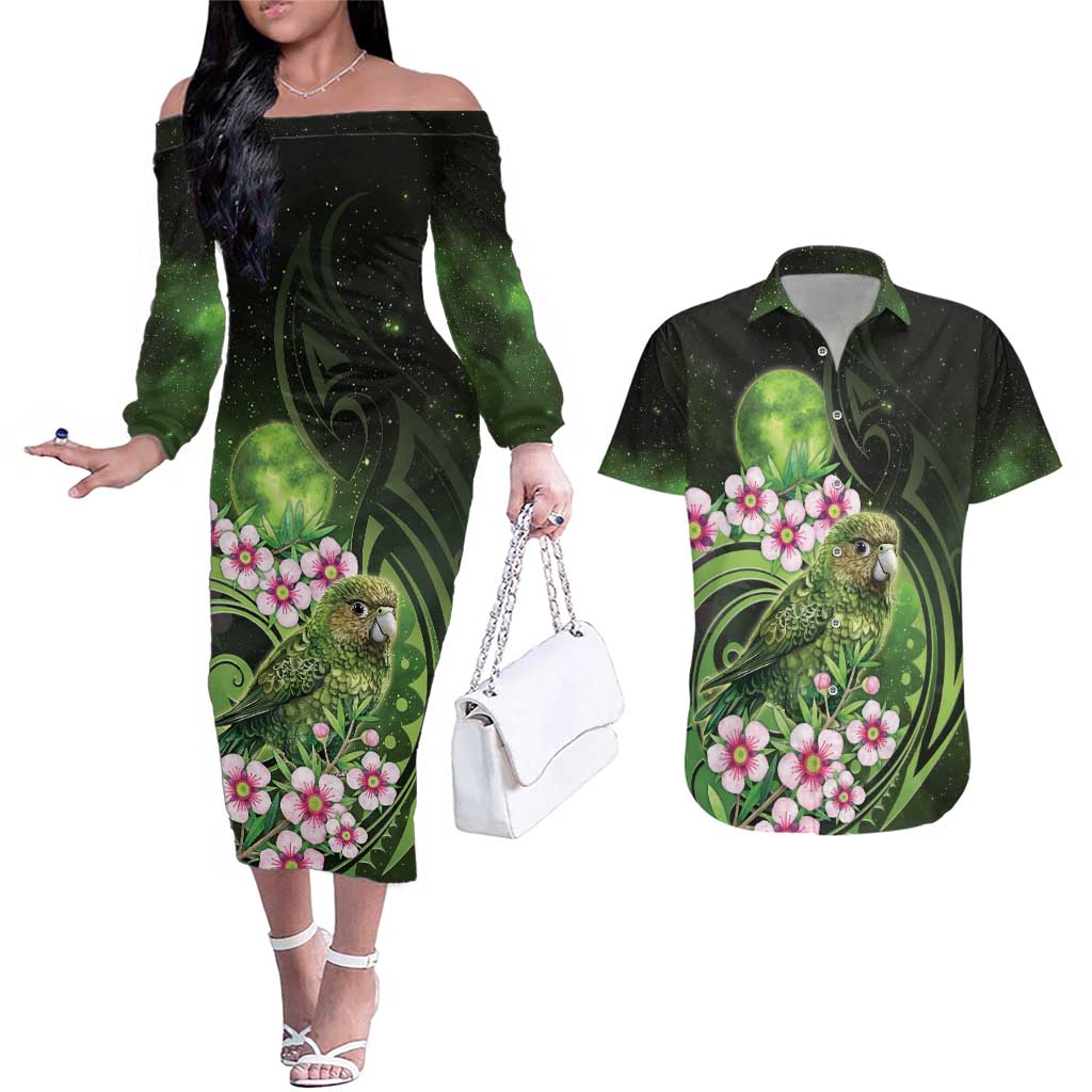 New Zealand Aotearoa Kakapo Couples Matching Off The Shoulder Long Sleeve Dress and Hawaiian Shirt Maori Pattern With Manuka Galaxy Style - Aussie Hoodie