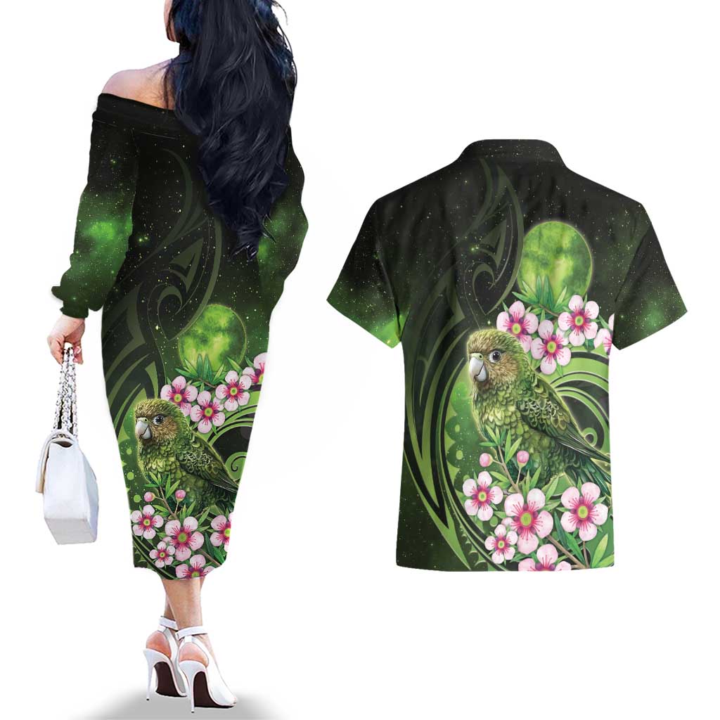 New Zealand Aotearoa Kakapo Couples Matching Off The Shoulder Long Sleeve Dress and Hawaiian Shirt Maori Pattern With Manuka Galaxy Style - Aussie Hoodie
