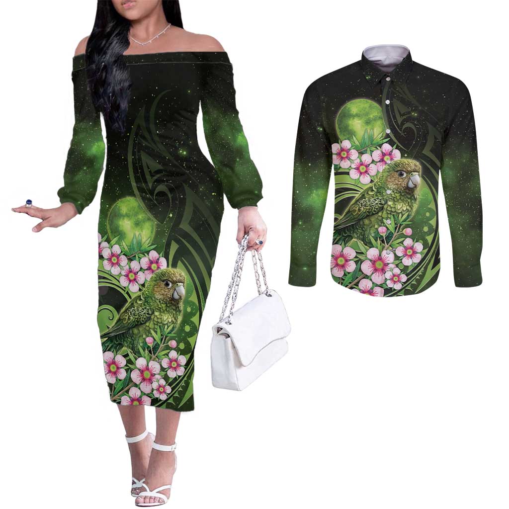 New Zealand Aotearoa Kakapo Couples Matching Off The Shoulder Long Sleeve Dress and Long Sleeve Button Shirt Maori Pattern With Manuka Galaxy Style - Aussie Hoodie