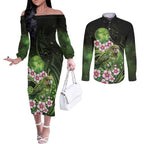 New Zealand Aotearoa Kakapo Couples Matching Off The Shoulder Long Sleeve Dress and Long Sleeve Button Shirt Maori Pattern With Manuka Galaxy Style - Aussie Hoodie