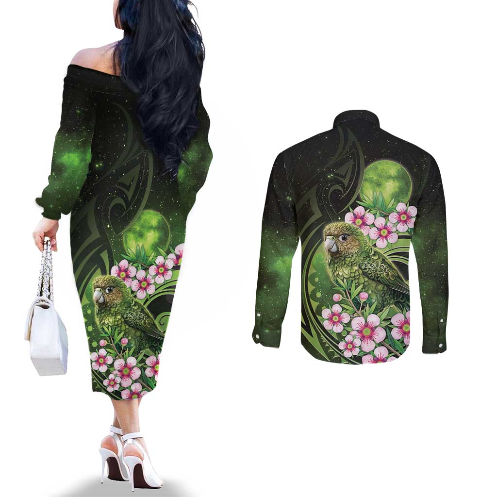 New Zealand Aotearoa Kakapo Couples Matching Off The Shoulder Long Sleeve Dress and Long Sleeve Button Shirt Maori Pattern With Manuka Galaxy Style - Aussie Hoodie