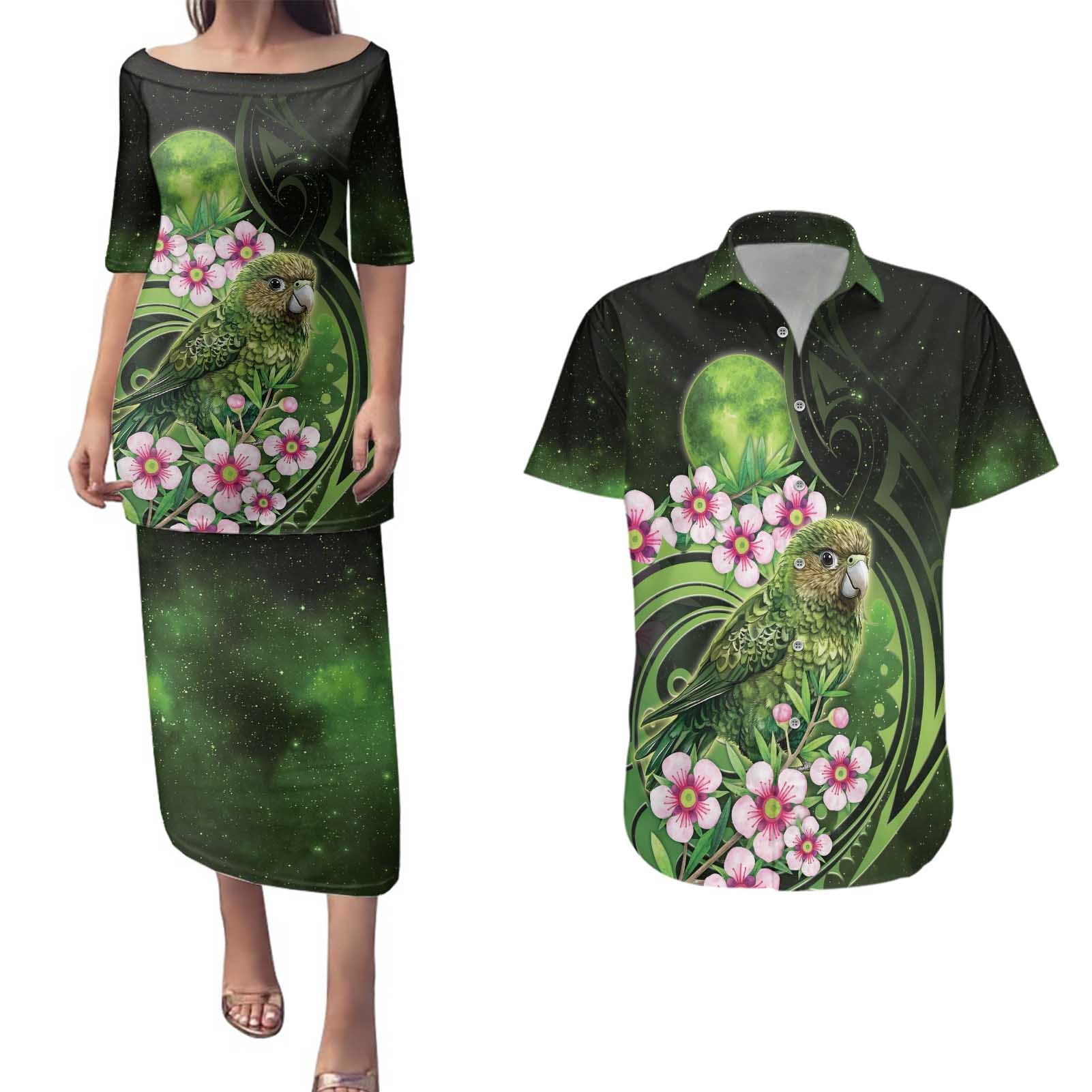 New Zealand Aotearoa Kakapo Couples Matching Puletasi and Hawaiian Shirt Maori Pattern With Manuka Galaxy Style - Aussie Hoodie